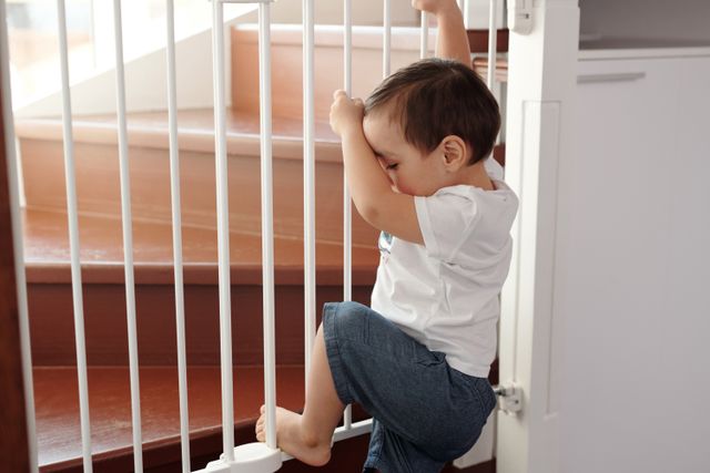 A living room staged for child safety, with a sturdy sofa, clear floors, and a safety gate at the top of stairs.