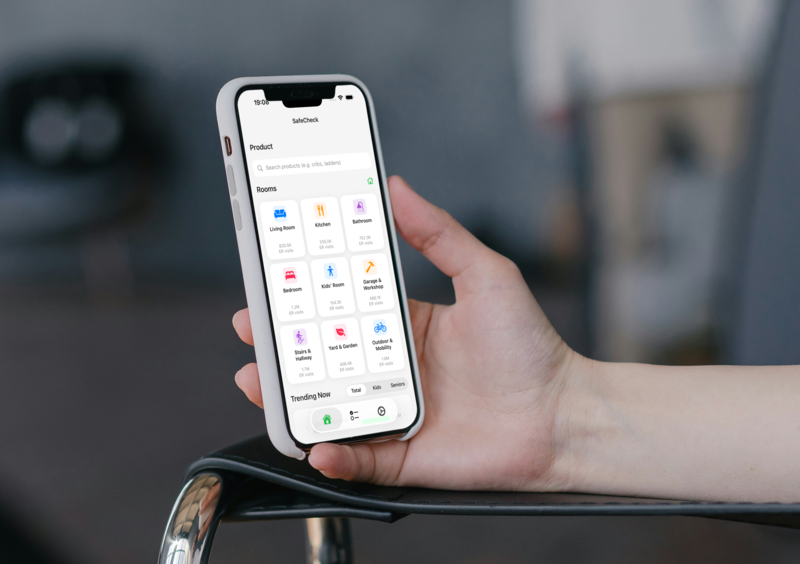 The SafeCheck Home app interface showing a product safety search and a room-by-room checklist.